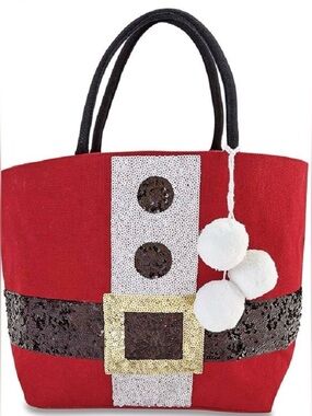 MUD PIE Christmas Holiday Seasonal Jute Tote Bag Sequin Shiny Santa Dazzle Red